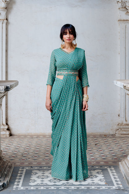 Green Printed Georgette Draped Saree Set