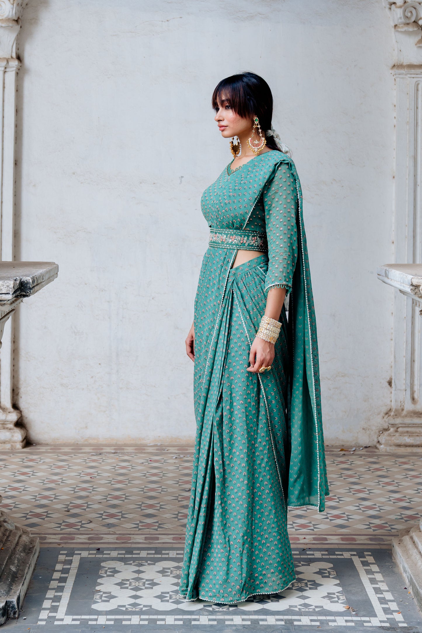 Green Printed Georgette Draped Saree Set