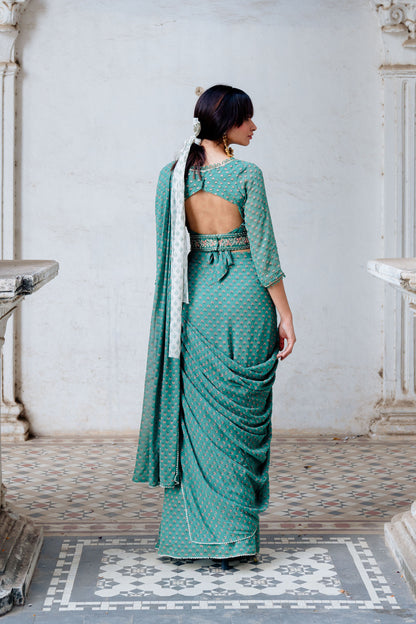 Green Printed Georgette Draped Saree Set