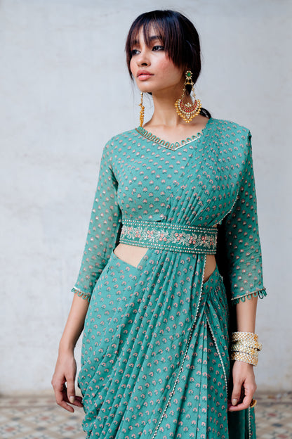 Green Printed Georgette Draped Saree Set