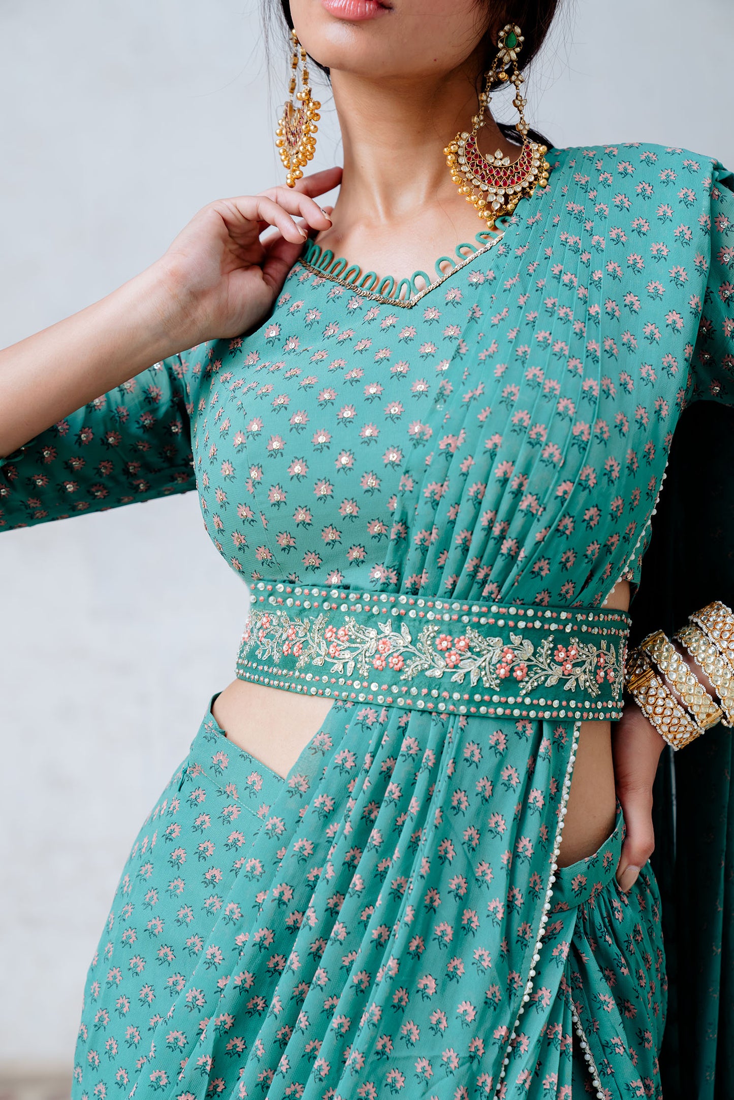 Green Printed Georgette Draped Saree Set