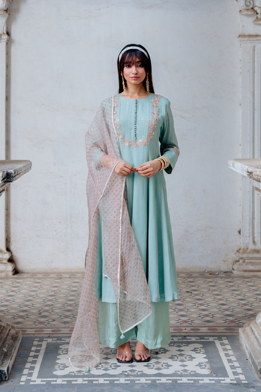 Aqua Chiffon Embroidered Flared Anarkali Set