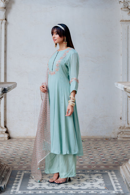 Aqua Chiffon Embroidered Flared Anarkali Set