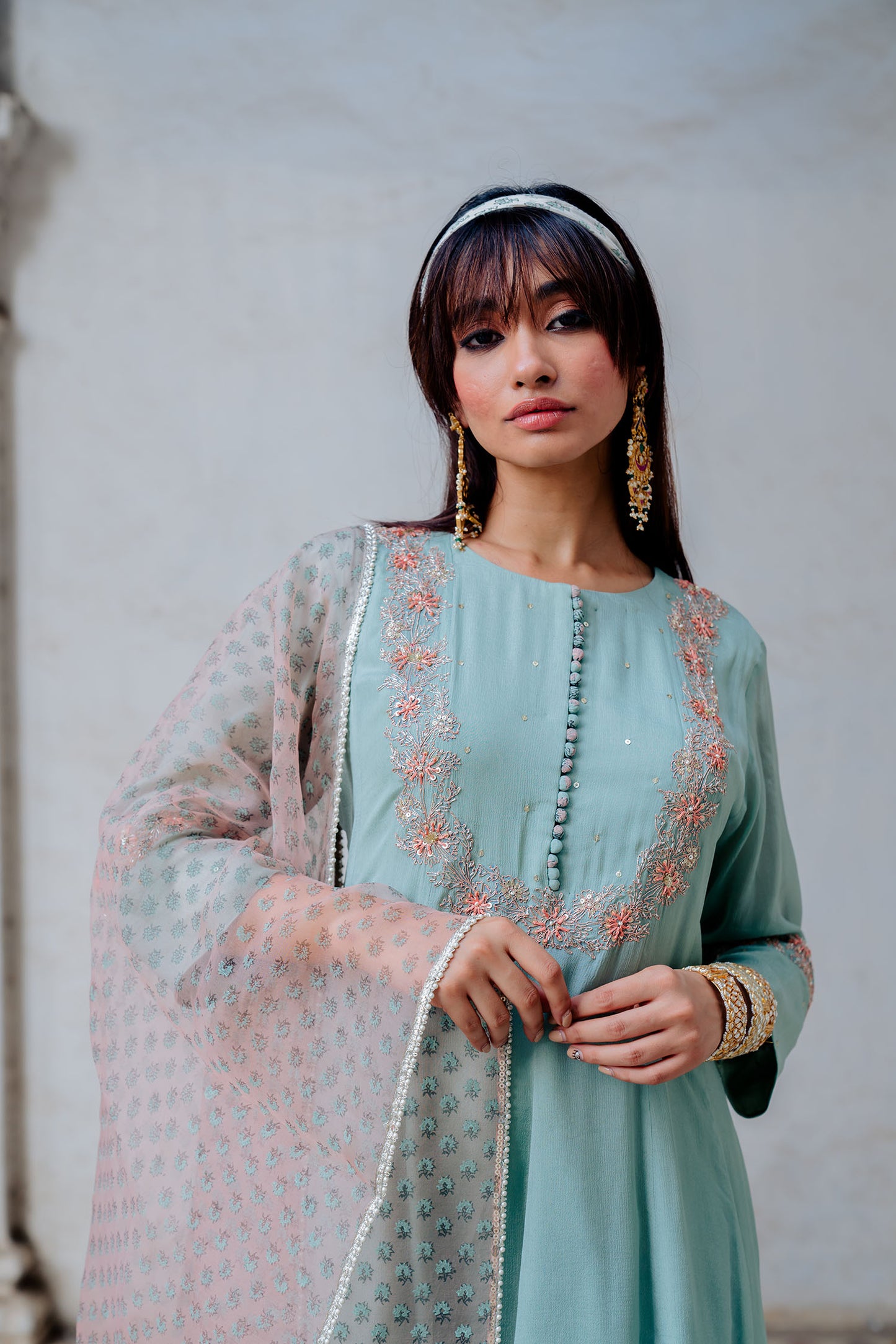 Aqua Chiffon Embroidered Flared Anarkali Set