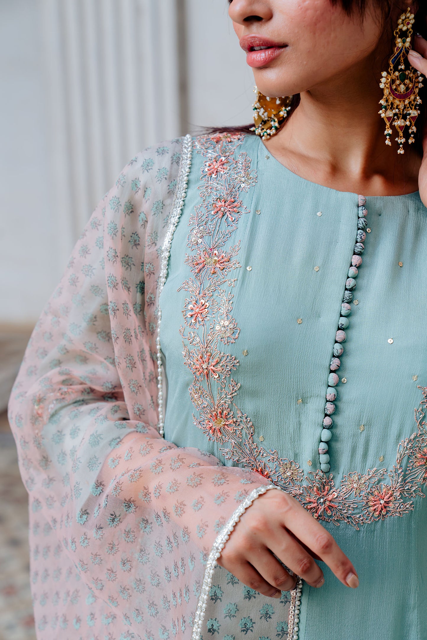 Aqua Chiffon Embroidered Flared Anarkali Set