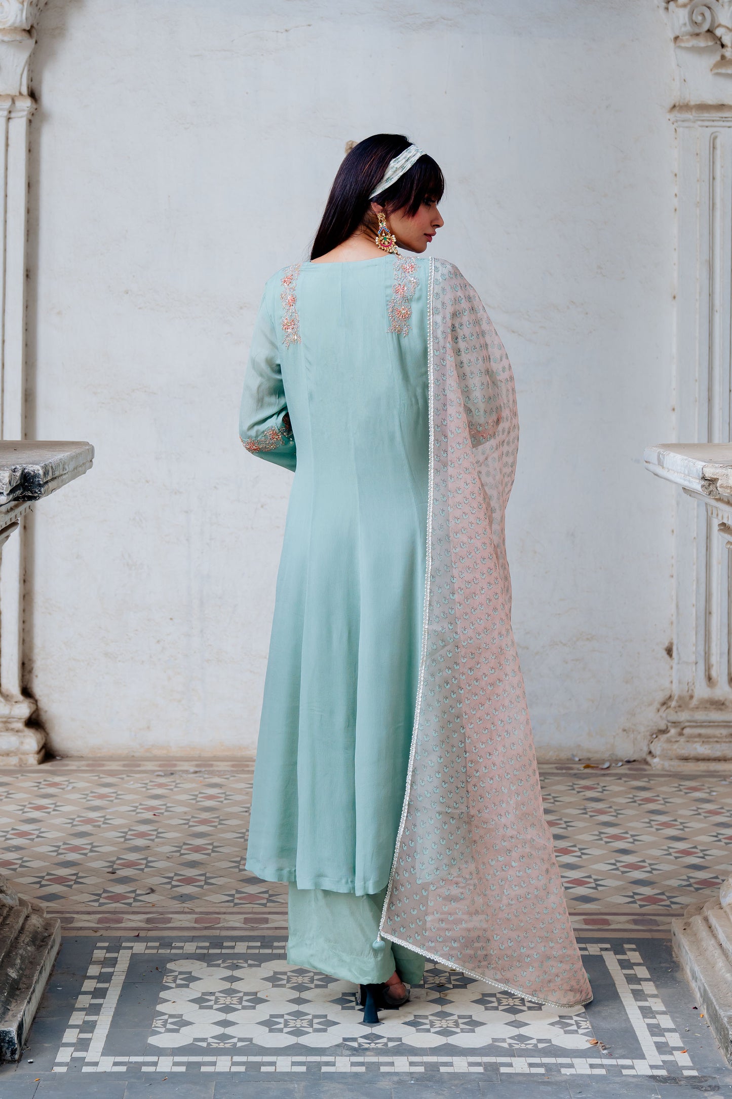 Aqua Chiffon Embroidered Flared Anarkali Set