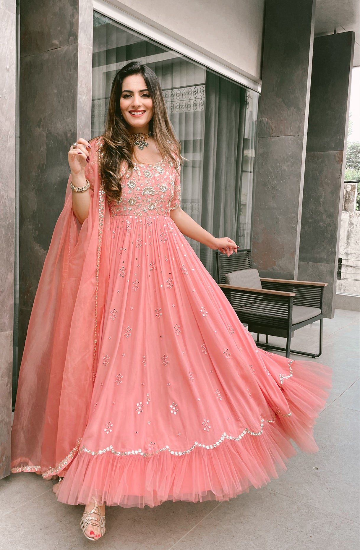 Surbhi Sethi In Rose Pink Silk Embroidered Anarkali Set