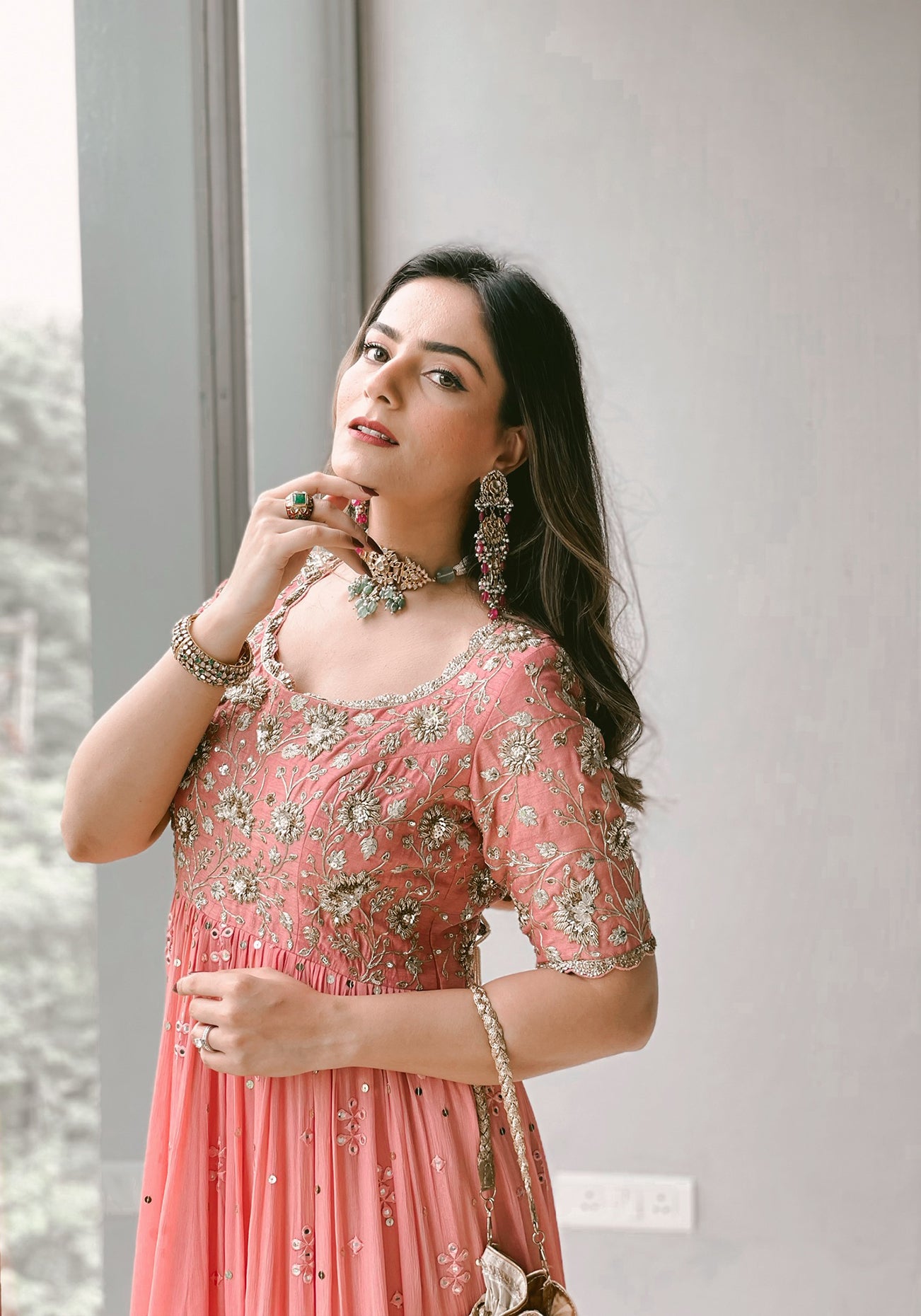 Surbhi Sethi In Rose Pink Silk Embroidered Anarkali Set