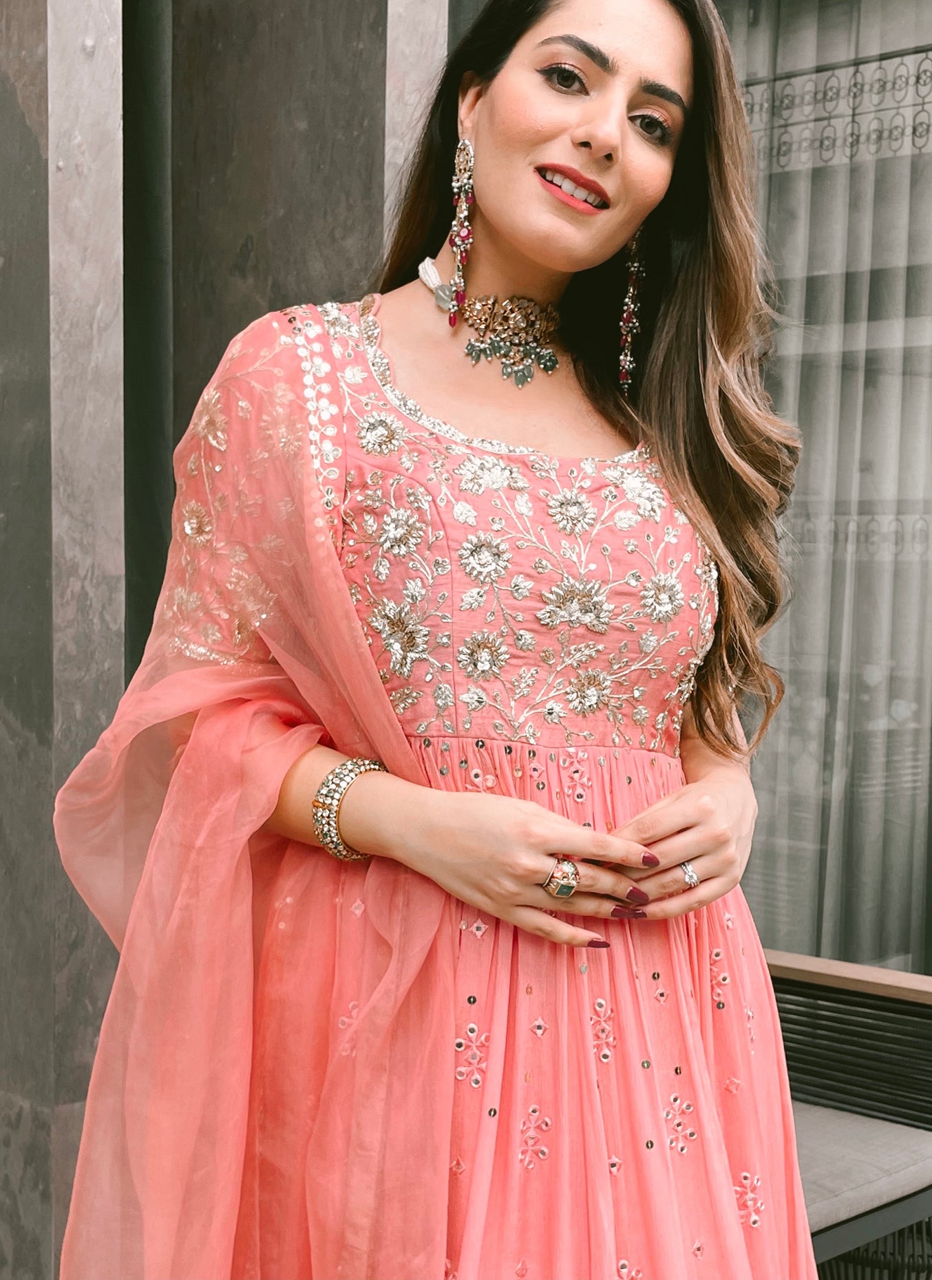 Surbhi Sethi In Rose Pink Silk Embroidered Anarkali Set