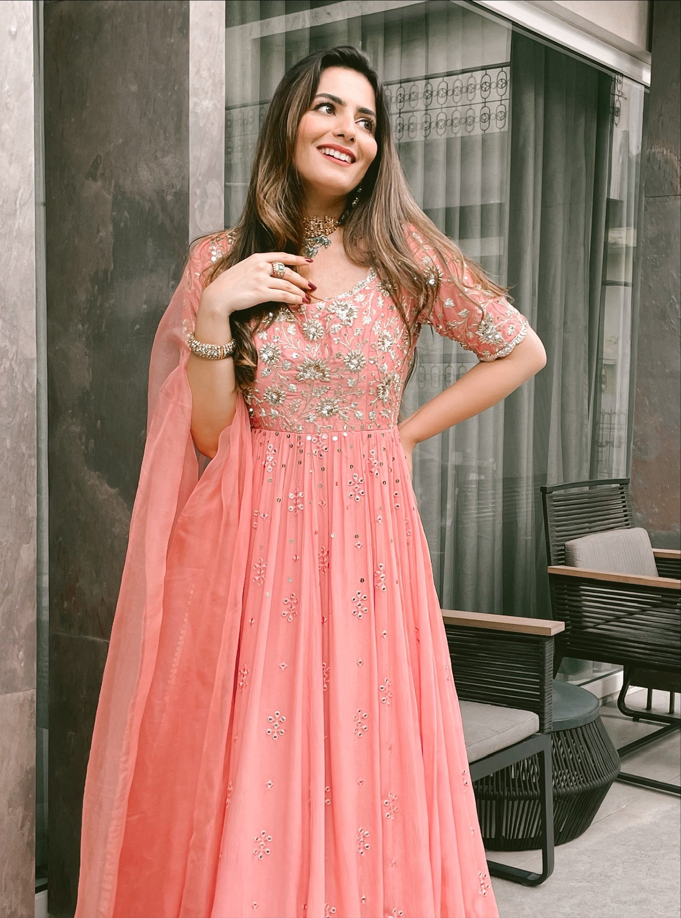 Surbhi Sethi In Rose Pink Silk Embroidered Anarkali Set