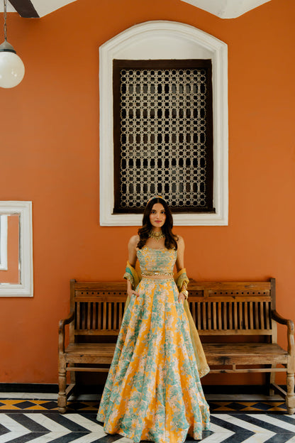 Mango Printed & Embroidered Silk Lehenga Set